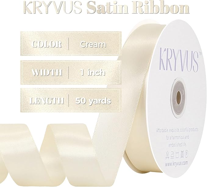 Cream Satin Ribbon, Double Faced 1 Inch X 50 Yards Cream Ribbon, Premium Satin Ribbon for Gift Wrapping, Crafts, Hair Bow Making, Sewing, Flower Bouquet, Wedding Party Decor