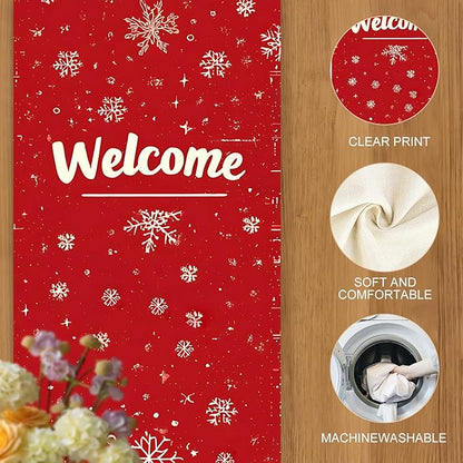 Christmas Table Runner – Red Holiday Table Decoration with Cute Santa Claus & Gifts Design, Festive Dining Table Decor for Christmas Party, Family Dinner, Kitchen & Living Room