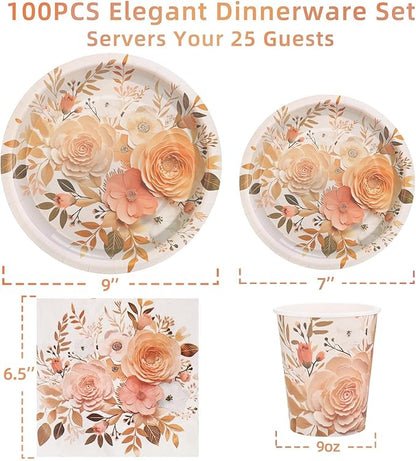 Boho Plates and Napkins Sets for 25 Guests, Floral Birthday Party supplies for Boho Fall Party Decorations