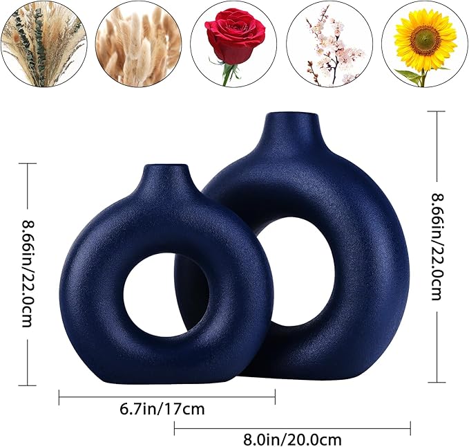 Navy Blue Vase Decor Donut Vase Set of 2 - Circle Hollow Vases, Modern Matte Ceramic Vases for Entryway Living Room Bedroom Dining Table Centerpiece Office Home Decor