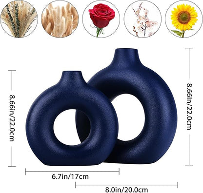 Navy Blue Vase Decor Donut Vase Set of 2 - Circle Hollow Vases, Modern Matte Ceramic Vases for Entryway Living Room Bedroom Dining Table Centerpiece Office Home Decor