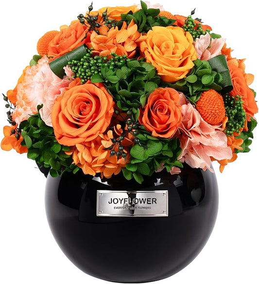 JoyFlower Preserved Flowers Vase Glass Decor, Eternal Flower Vases for Centerpieces, Orange Forever Flower Decoration for Party Home Wedding Table Living Room Bedroom, Preserved Roses Glass Vase Decor