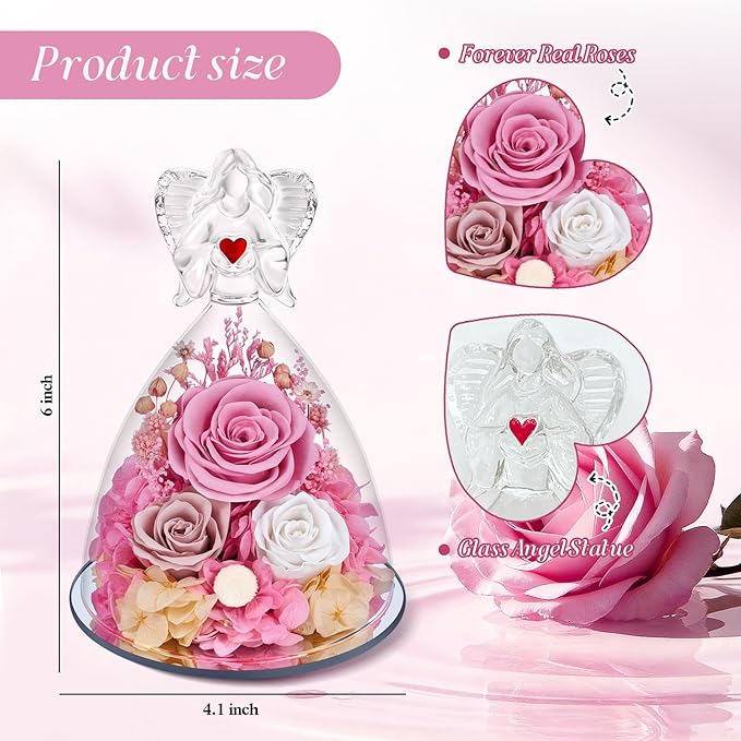 Preserved Flowers in Glass Angel Figurine with LED Light,Forever Real Roses Prime Eternal Flower Birthday Glitter Decorations for Her Women Mom Grandma Sister (Pink)