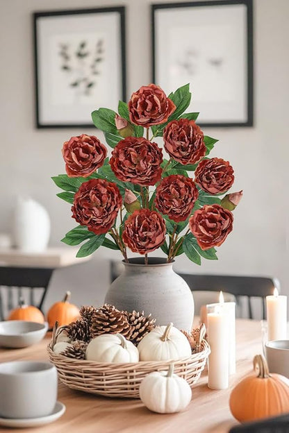 Briful 3 Pack Artificial Peony Flower 27.5" Tall Brick Red Silk Peonies Floral Stems Real Touch Faux Peony Flower for Wedding Bouquets Home Floral Arrangements Table Centerpieces DIY Décor