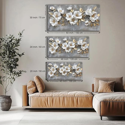 LAVIKARS Modern Gray Flowers Wall Art for Living Room Office White and Golden Floral Landscape Canvas Painting Prints Large Delicate Petals Artwork Kitchen Home Bedroom Decor (16x30 Inches)