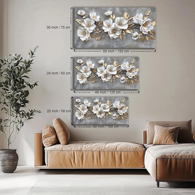 LAVIKARS Modern Gray Flowers Wall Art for Living Room Office White and Golden Floral Landscape Canvas Painting Prints Large Delicate Petals Artwork Kitchen Home Bedroom Decor (20x40 Inches)
