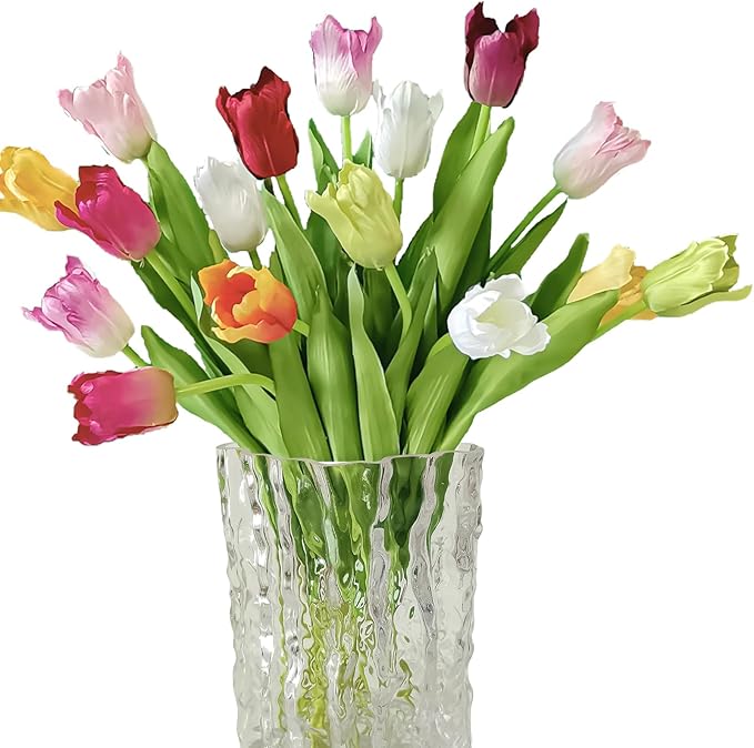 12pcs Tulips Artificial Flowers Real Touch Silk Faux Flowers Tulip Stems for Wedding Spring Bouquet Floral Arrangement Home Party Office Decorations (White Pink red Orange Green Yellow)