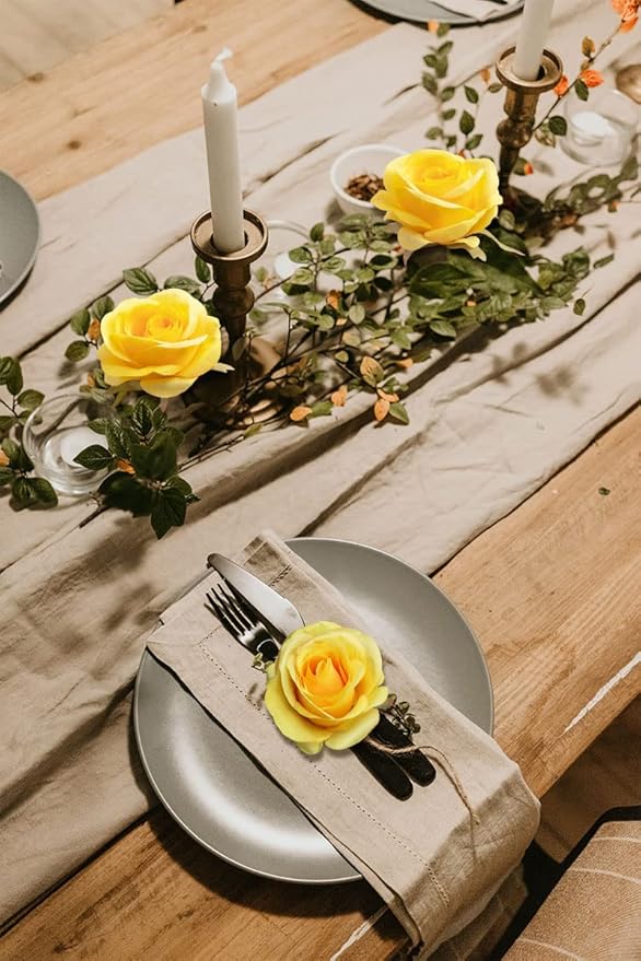 Artificial Rose Flower Artificial Flowers Flower with Long Stem Silk Roses Bouquet for Wedding Bridal Shower Party Home Decoration (Yellow, 12 Pcs)