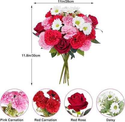 HUAESIN Artificial Valentine Flowers Pink Red Valentines Bouquet with Silk Carnations Velvet Roses Valentines Day Decor Flower Arrangements for Table Centerpieces Bedroom Dining Room