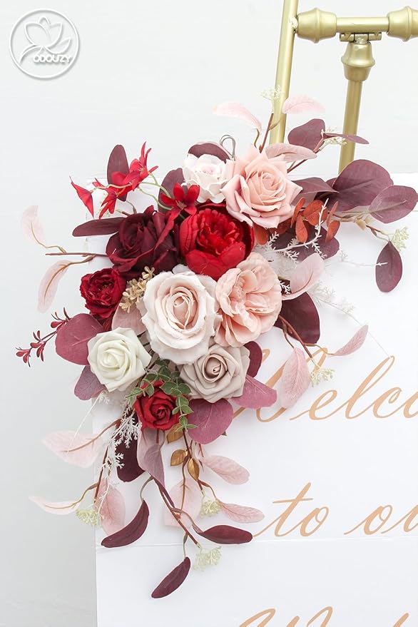 Pack of 2 Wedding Arch Decorations Artificial Hanging Flowers Floral Swag for Wedding Welcome Sign Backdrop Balloon Arch Home Party Bridal Ceremony Reusable(Red)