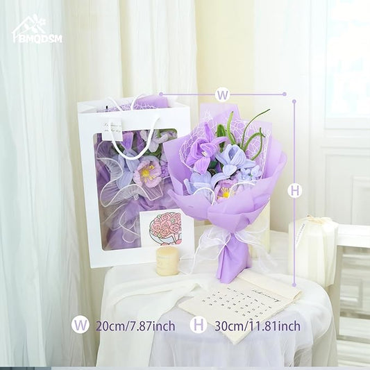Crochet Flowers Bouquet Gifts for Women Birthday, Preserved Rose Forever Flower, Gifts for mom, Real Handmade Bouquet for Grandma Sister Wife Her from Daughter (Purple)