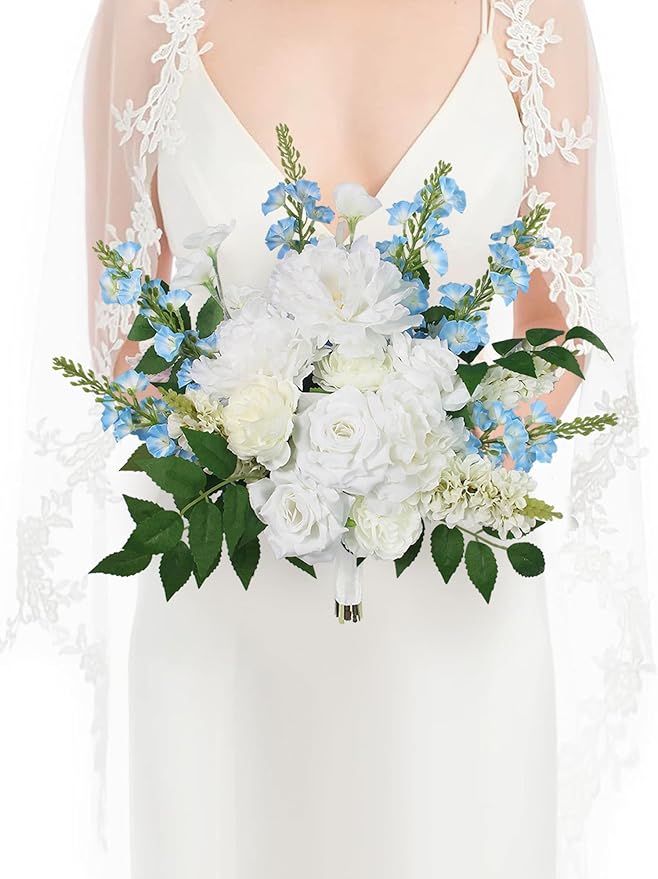 Rinlong 17.7" Wide Wedding Bouquets for Bride Baby Blue Delphinium White Bridal Bouquet for Wedding Artificial Flowers Bouquets