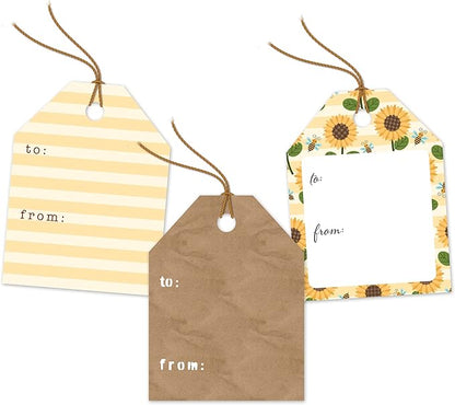 Pro Supply Global Strung Sunflowers Theme Gift Tags - 2.5x3 Inch 24 Pack - 3 Design Styles Assorted Cardstock Prints Pre-Strung Hanging Labels Suitable for Wrapping Favors DIY Presents Packaging Bags.
