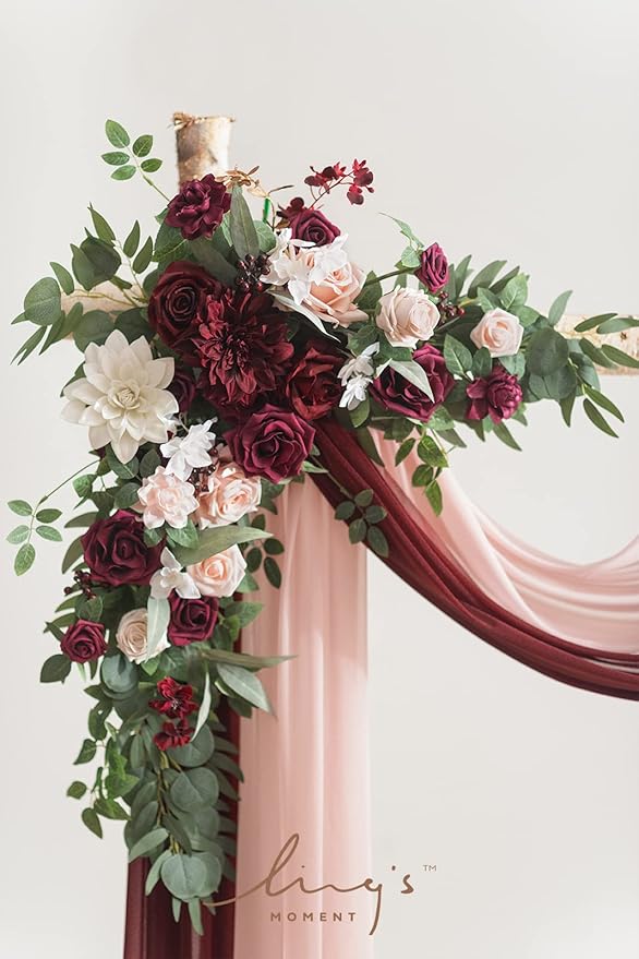 Ling's moment Red Pink Blush Artificial Wedding Arch Flowers Kit Pack of 4, 2pcs Hanging Flower Arrangement 2pcs Chiffon Drapes Ceremony Reception Fake Rose Arbor Backdrop Floral Party Outdoor Decor