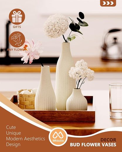 Decorative Flower Vase Set of 3 - Modern Boho Style Beige Vases,Ribbed Textures Ceramic Vase for Home Decor Shelf Bookshelf Mantle TV Stand Entryway Console,Dining Table Centerpiece Decor
