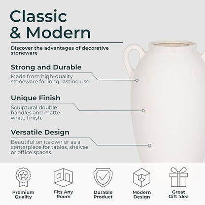 Decorative Vase for Home Decor – Textured Ceramic Jug with Handles, White Table Vase for Flowers, Modern Centerpiece for Living Room Styling or Shelf Displays, Casual Home Accent – 13", White