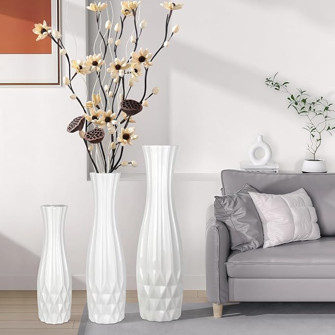 Ceramic Large Floor Tall Vase 28 Inches,White Modern Flower Tall Vases for Office, Home,Farmhouse,Living Room Décor,Simple Origami Design Fall Decorative Porcelain Flower Arrangement Vase Ideal Gift