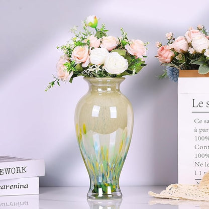 Hand Blown Glass Vase 11.8" Tall Beautiful Green Sea Wide Mouth Bud Vase for Table Centerpiece, Painted Colorful Murano Glass Flower Vases for - Home Entrance Wedding Center