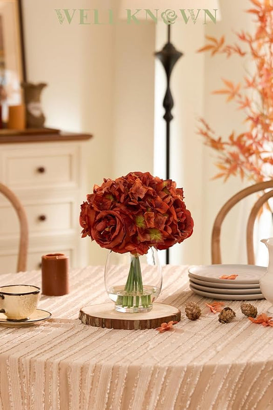 Burnt Orange Silk Peonies Artificial Flowers & Hydrangea in Glass Vase with Fake Water, Fake Austin Rose Bouquet with Vase for Fall Home Hotel Office Wedding Party Decor as Table Centerpieces & Gift