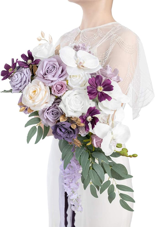 Ling's moment Purple Bridal Bouquet Cascading, Lilac Wedding Bouquets for Bride, 13 Inch Lavender Bride Artificial Flowers Bouquets