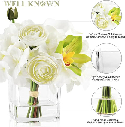 WELL KNOWN Fake Flowers in Vase, Mixed Artificial Flower with Fake Water in Glass Vase Realistic Hydrangea Calla Lily Ranunculus Silk Faux Floral Centerpiece for Coffee Dining Table Office Decor White