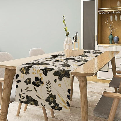 Black Gold Floral Table Runner, Mordern Minimalist Luxury Golden Floral Leaves Print Table Runner for Indoor Outdoor Home Decor Party Decor, 13x60inch