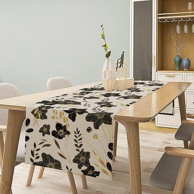 Black Gold Floral Table Runner, Mordern Minimalist Luxury Golden Floral Leaves Print Table Runner for Indoor Outdoor Home Decor Party Decor, 13x120inch