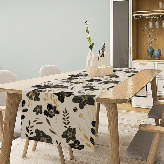 Black Gold Floral Table Runner, Mordern Minimalist Luxury Golden Floral Leaves Print Table Runner for Indoor Outdoor Home Decor Party Decor, 13x90inch