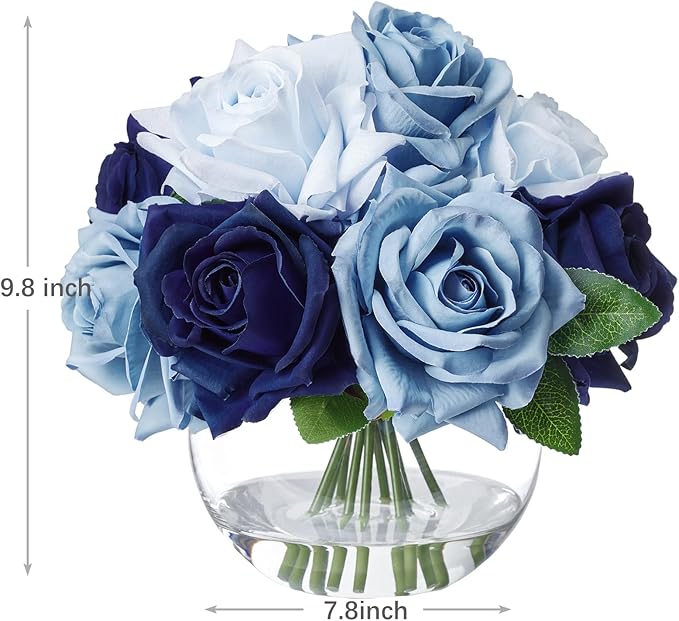 WELL KNOWN Silk Rose Artificial Flowers with Vase Artificial Rose Flower Arrangements in Round Bowl Vase with Faux Water for Home Table Decoration (Bicolor Blue)