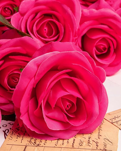 DuHouse 10pcs Silk Roses Artificial Flowers Fake Rose for Arrangement Wedding Party Home Decoration(Fuchsia)