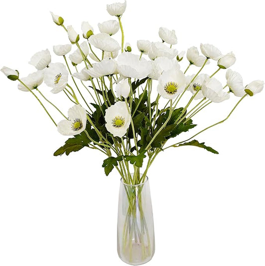 ATFL White Poppy Flowers Artificial for Wedding Decorations,12 Pcs Fake Faux Silk Poppies Bulk for Home Decor Table Centerpieces Floral Arrangement (23.5‘’, White)