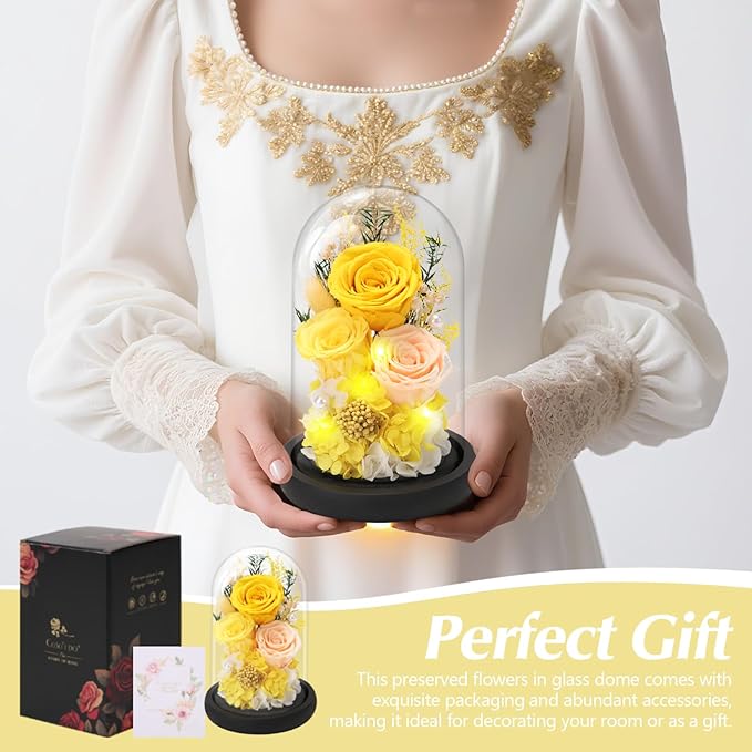 Preserved Roses Flowers for Delivery, Yellow Forever Flores in Glass Dome for Women Mom Wife Girlfriend Grandma, Eternal Rose Anniversary Birthday Gift for Mothers Day Valentines Christmas