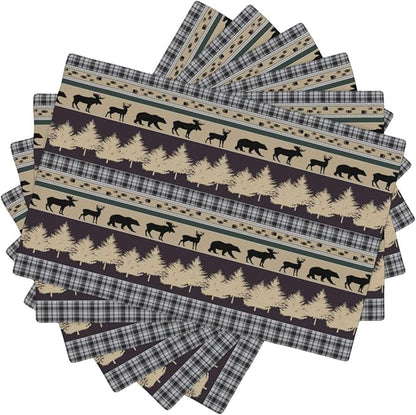 Rustic Deer Placemats Set of 6,Wild Bear Deer Paw Print Decor Kitchen Mats for Pattern Rustic Farmhouse Style Place Mats for Dining Table 12x18 Inch 6 PCS