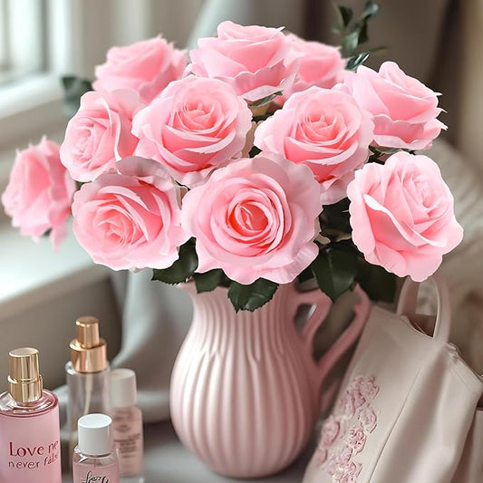 50pcs Artificial Roses Flowers in Bulk,Realistic Silk Fake Rose with Long Stem for Wedding Centerpieces Bouquet Party Floral Arrangement Home Decoration(Pink)