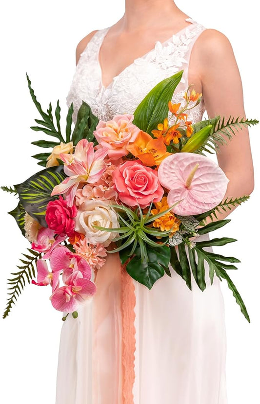 TINGE TIME 13 Inch Summer Wedding Bouquets for Bride, Bridal Bouquet for Bride, Artificial Silk Orchid for Graduation Bouquet, Fake Flowers for Wedding Ceremony and Anniversary (Tropical)
