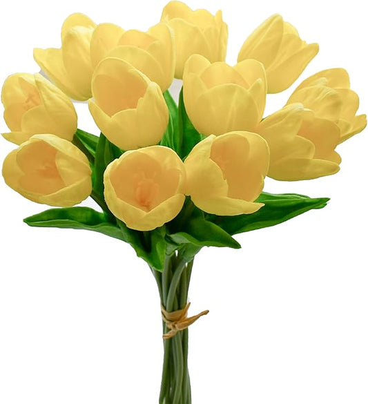 Mandy's Artificial Tulips 12 Stems Yellow Partially Open PU Faux Flowers for Thanksgiving and Christmas Decorations Wedding Home Decor 13.5 Inch