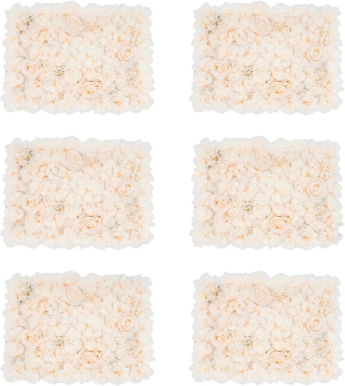 3D Artificial Flower Wall Panels 6 Pack 23.62'' x 15.74'' Silk & Plastic Flower Backdrop, Handmade with Champagne Roses/Hydrangeas/Dahlias, Decor for Wedding Party Home Garden Wall Decorations
