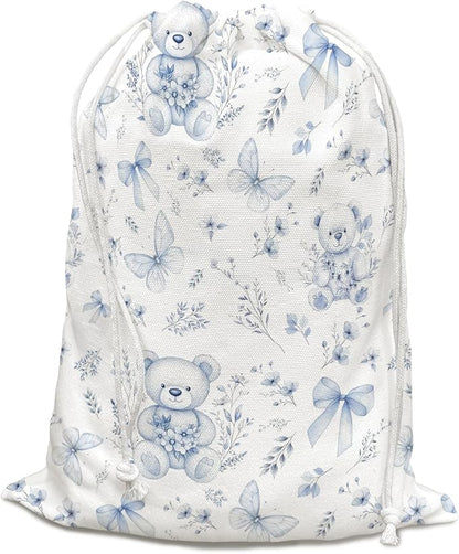 DSHFG Light Blue Chinoiserie Birthday Drawstring Gift Wrap Bags, Chinoiserie Bear Baby Shower Drawstring Gift Bags Canvas, Blue and White Small Happy Birthday Bag, 10x13 Inch