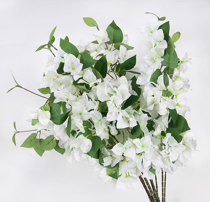 12PCS Bougainvillea Artificial Flowers 31.50" Long Stem Fake Silk Bougainvillea Branches Faux Flowers Vines for Wedding Centerpieces Baby Shower Home Garden DIY Decorations (White)