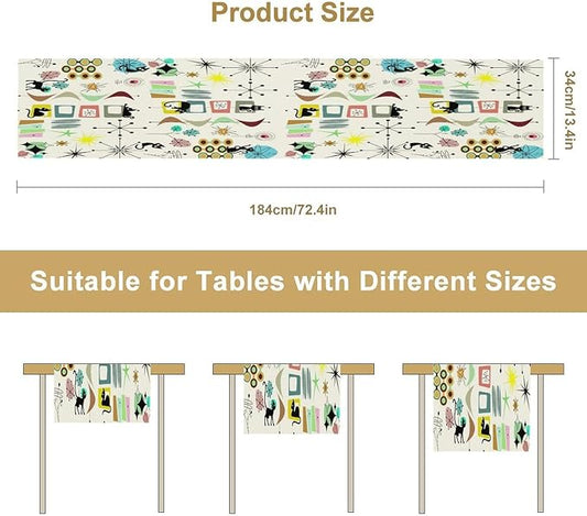 Colorful Geometric Table Runner,Vintage Mid Century Cute Cat Abstract Morden Print Tablecloth Burlap for Hotel Indoors Outdoor Dining Room Kitchen Home Decor, 13x80in