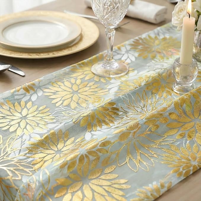 Artoid Mode Sage Green Gold Dahlia Flower Gauze Table Runner 120 Inch 10FT, Glitter Metallic Foil Sheer Cheesecloth Dining Holiday Table Decor for Home Party