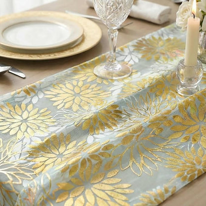 Artoid Mode Sage Green Gold Dahlia Flower Gauze Table Runner 120 Inch 10FT, Glitter Metallic Foil Sheer Cheesecloth Dining Holiday Table Decor for Home Party