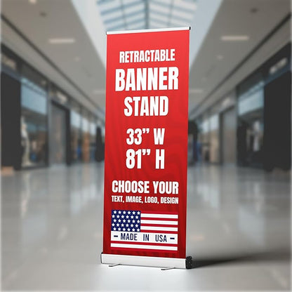 Custom Retractable Banner with Stand (33”x81”) by BCB Print | Personalized Roll-Up Banner for Advertising & Trade Shows | HD Printed Vertical Pull Up | Express Dispatch & Ship | Made in USA