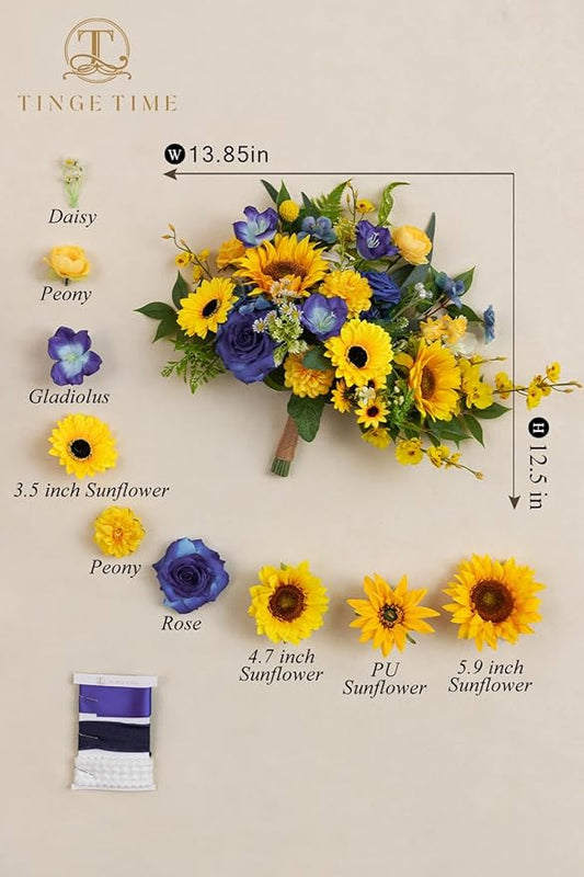 TINGE TIME 13 InchWedding Bouquets for Bride,Bridal Bouquet for Bride, Artificial Silk Sunflowers for Graduation Bouquet, Fake Flowers for Wedding Ceremony and Anniversary (Sunflower&RoyalBlue)