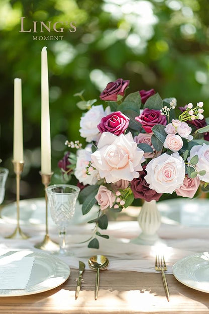 Ling's moment Fake Flowers Box, Faux Artificial Greenery Stems Foam Roses Silk Ranunculus Eucalyptus Leaves Fabic Flower for Centerpieces Bouquet Wedding Vase, Berry Pink & Blush, Grand Combo