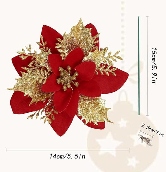 24 PCS Poinsettia Flower Artificial Red Gold Christmas Flowers Artificial 5.5'' Glitter Poinsettias Artificial Christmas Tree Flower With Clips Diy Xmas Wreath Holiday New Year Home Party Decor