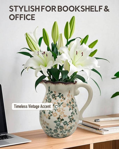 Vintage Ceramic Flower Pitcher Vase Home Decor - Tabletop Rustic Large Vase for Decor Living Room Bookshelf Office Kitchen Cottage, White Vases for Bouquet, with Handle | Grand Millennial | 8.3inch