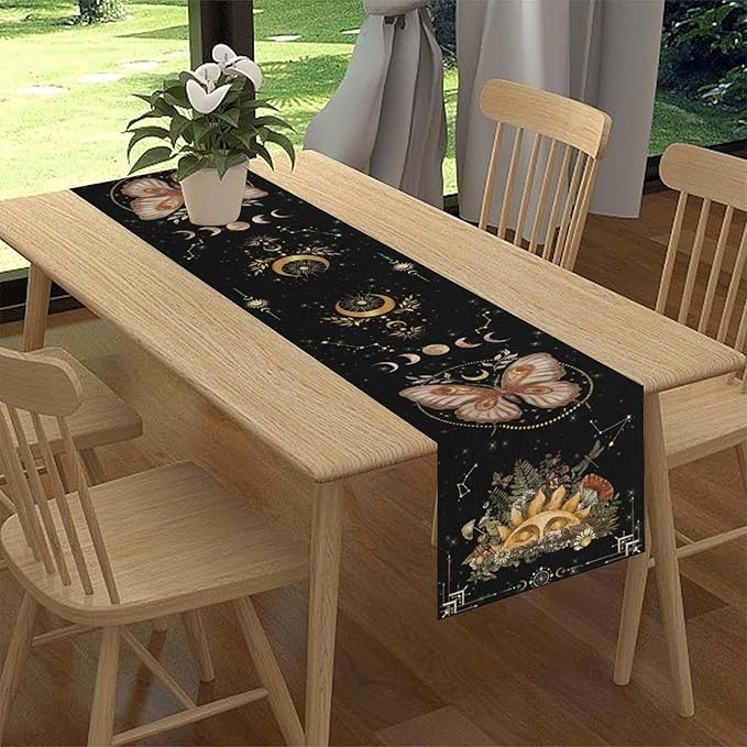 Gothic Moth Table Runner, Boho Gothic Sun Moon Phase Wildflower Mystical Witchy Farmhouse Coffee Table Center Decor for Home Kitchen Dining Patio Holiday Party Table Decorations 13x90 inches