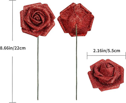 Artificial Flowers 30 pcs Red Glitter Roses Artificial Flowers with Stem, 2.36 in/6 cm Glitter Foam Roses Fake Flowers for DIY Wedding Bouquets Party Home Decor(Red)