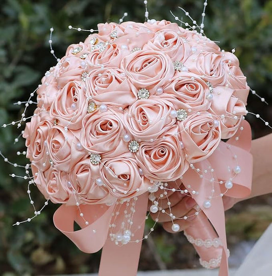 Bridal Wedding Bouquet Round Bling Brooch Bouquet Throw Toss Artificial Rose Flower Bunch for Bride Bridesmaid Wedding Quinceanera(Peach Pink, 8.7")